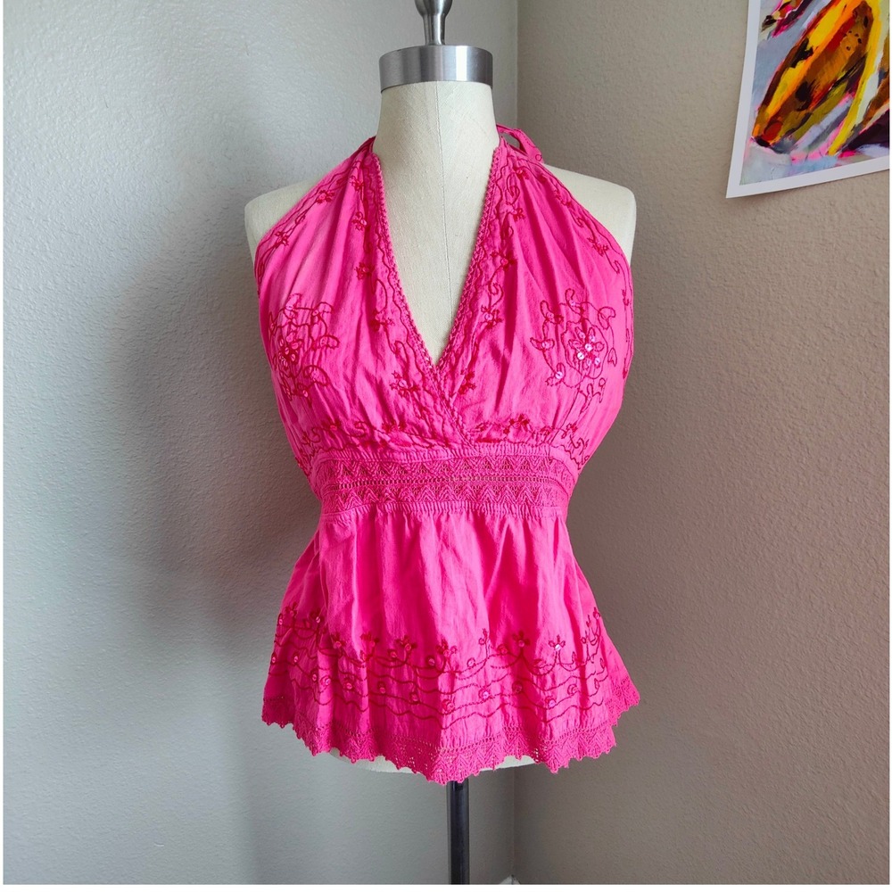 Hot Pink Cotton Halter Top Embroidered Eyelet Y2K NWT Sequin Festival Boho Fairy